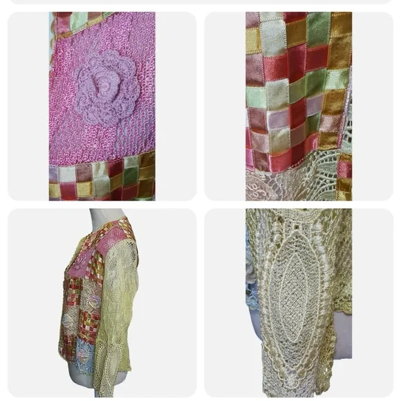 Parsley And Sage Women's Sweater Crochet Ribbon Open Front pink yellow green - Picture 7 of 9